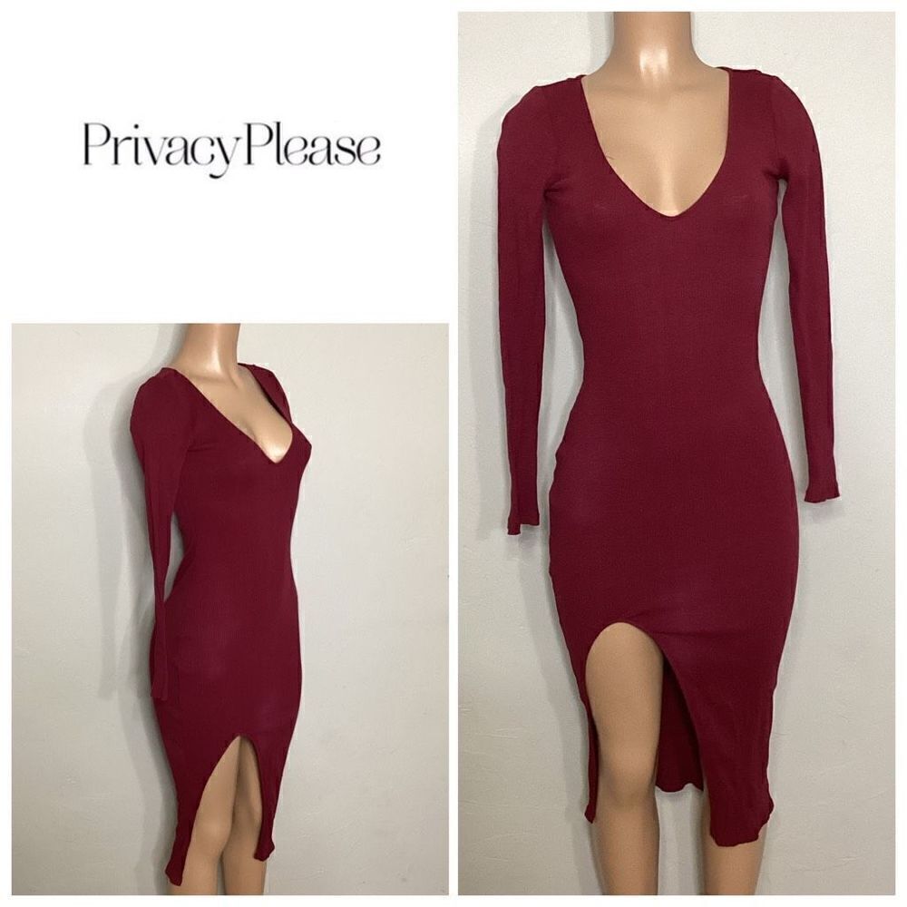 New. Privacy Please plunge neck midi dress with slit. Retails $198